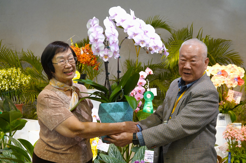 成大前校長馬哲儒夫人楊友偉教授(左)親自出席,參與見證馬哲儒校長命名蘭花「紫天使」(圖中)量產的重要時刻。圖右為成大蘭花研發中心顧問陳文輝博士